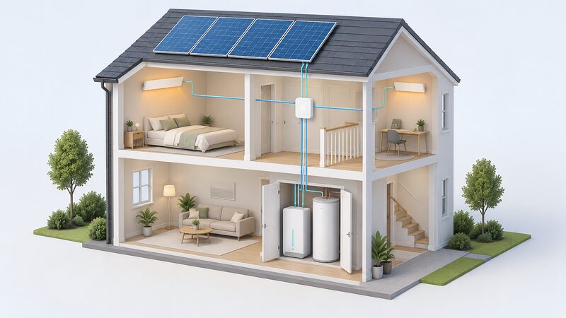 A cutaway two-storey house showing solar panels on the roof, a battery and a hot water cylinder in an airing cupboard, infrared heating panels on the walls of two rooms, and a wall-mounted energy management hub with plain connection lines linking all of them.