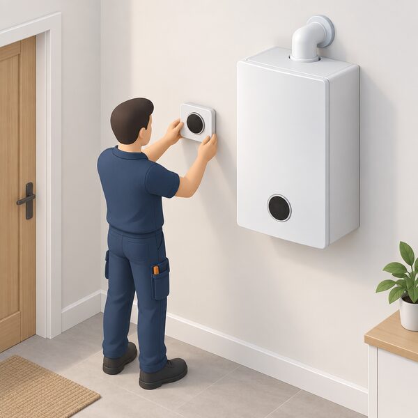 A wall-mounted Bosch EasyControl smart thermostat shown on an interior wall with a Worcester boiler mounted on the same wall nearby, connected directly so the control sits as the boiler's dedicated control, with a simplified installer figure finishing the mounting.