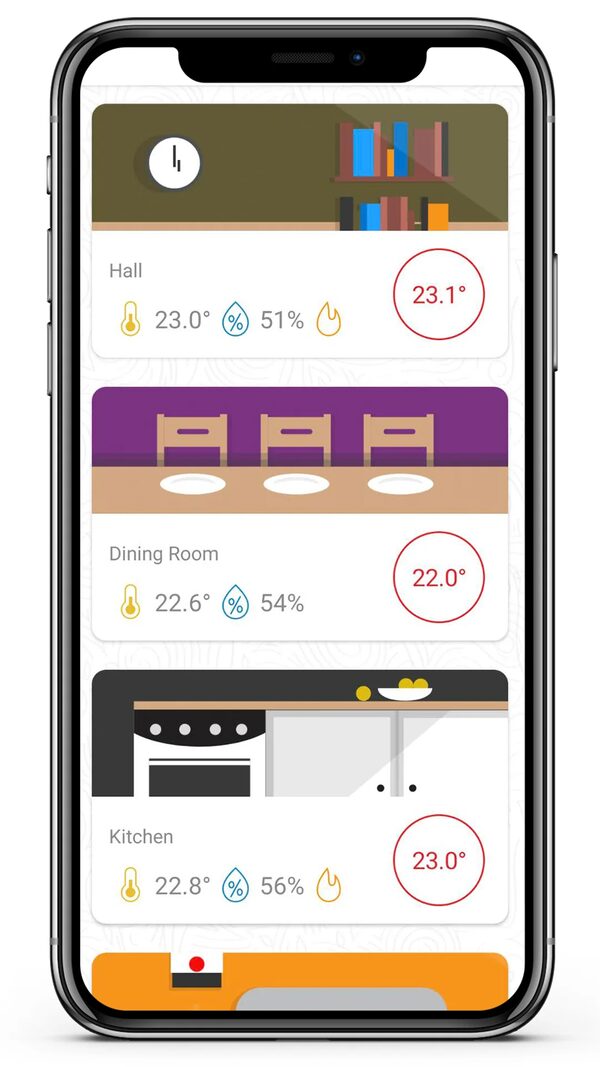 A smartphone displaying the WundaSmart app with room-by-room heating temperatures for Hall, Dining Room and Kitchen