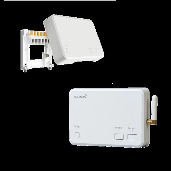 WundaSmart HubSwitch smart heating control unit shown with its wiring backplate and antenna