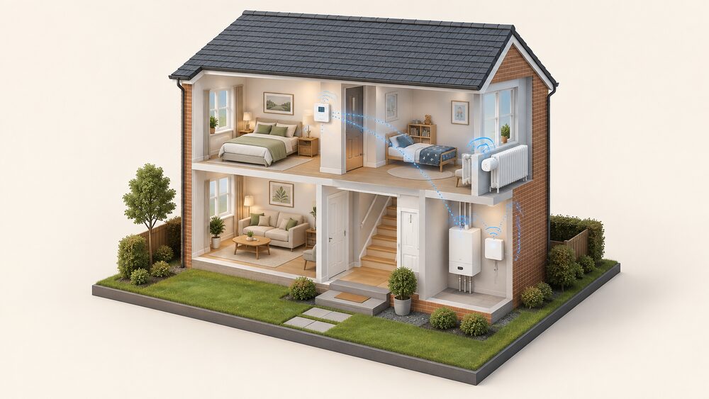 A cutaway two-storey house showing a gas boiler indoors with the HubSwitch programmer beside it, and in separate rooms a wall-mounted room thermostat and a wireless radiator head fitted on a radiator valve, all linked by radio signals.