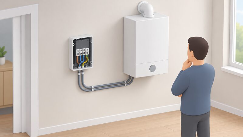 A wall-mounted HubSwitch unit with its cover removed to expose the terminal connections, mounted on a wall beside a boiler with wiring running between the two, shown as a simple isometric interior scene.