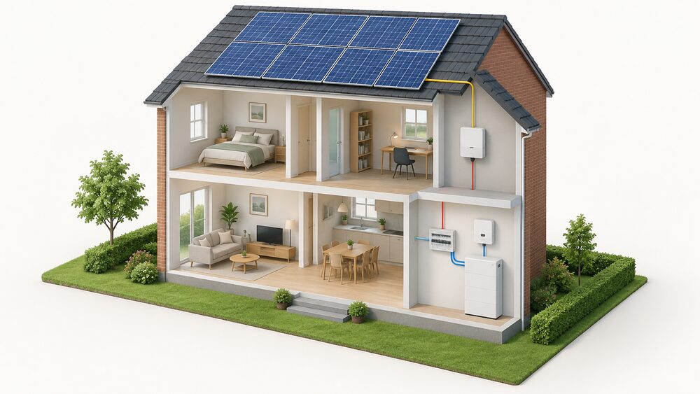 Cutaway view of a house with solar panels on the roof, a solar inverter and a separate battery unit with its own inverter mounted on an indoor wall, both connecting to a consumer unit, showing the AC-coupled layout where the battery sits on the AC side after the solar inverter.
