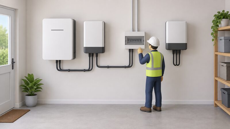 A UK utility room wall with a wall-mounted home battery beside its own separate battery inverter, a cable running from that inverter to a consumer unit, and the original solar inverter mounted further along the same wall, with a small installer figure checking the connection.