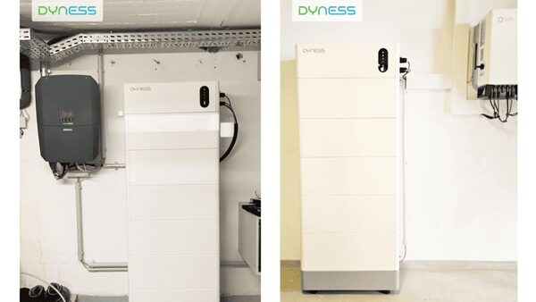 Two photos side by side of a white Dyness Tower Pro home battery installed on a wall next to an inverter