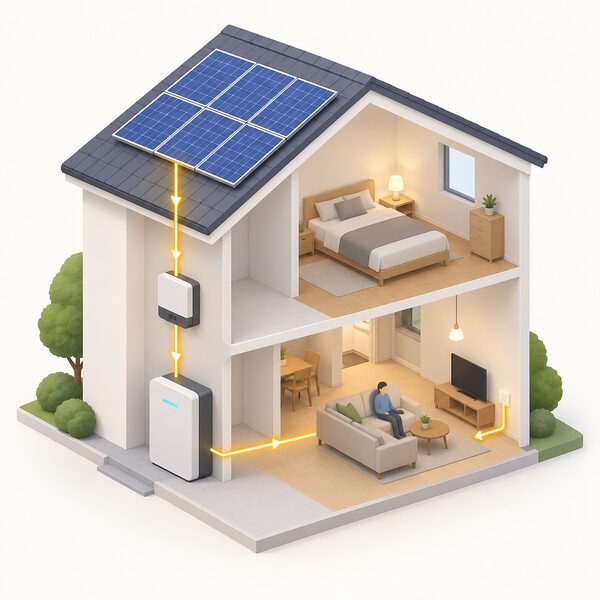 A simplified isometric view of a DC-coupled home system where rooftop solar panels connect by a single DC cable to a charge controller and battery, with one short path onward to the household, showing energy flowing straight into the battery without passing through an inverter box.