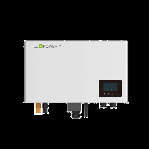 A white LuxpowerTek AC-coupled battery inverter unit with display panel and connection ports on a plain background