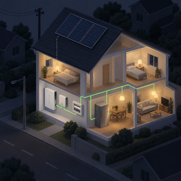 A cutaway home scene during a power cut showing a wall-mounted AC-coupled battery with its backup interface box supplying a dedicated critical-loads circuit, with lamps and a fridge in the lit rooms still running while the street outside is dark.