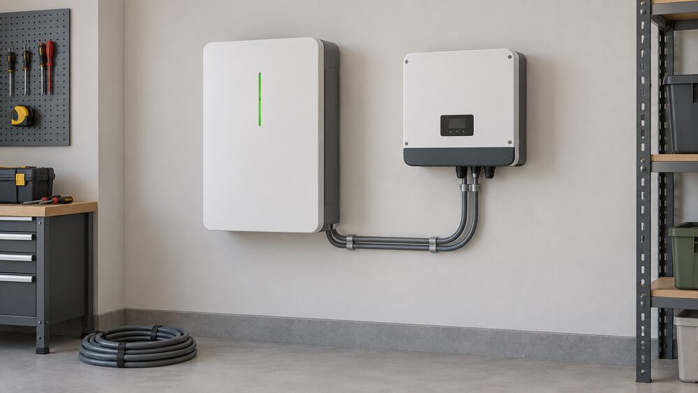 A close-up of a wall-mounted home battery unit being added in a garage or utility space, positioned beside an existing wall-mounted inverter, with a new cable route running between the two units and an electrician's tools and coiled cable on the floor below.