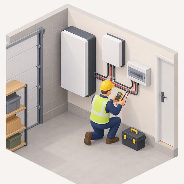A simplified isometric electrician kneels beside a wall-mounted home battery on a garage wall, connecting cabling from it to a consumer unit and an inverter, with a multimeter in hand commissioning the installation.
