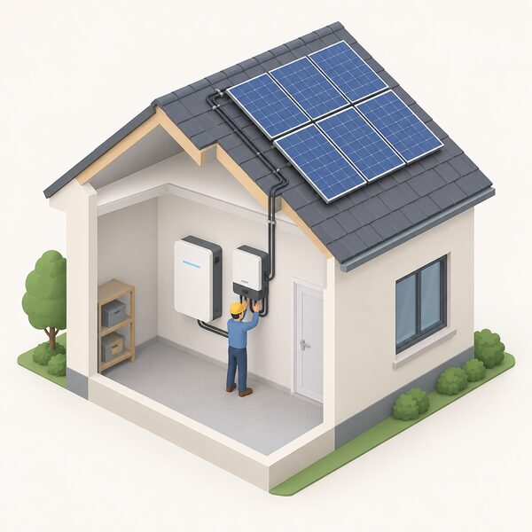 A single battery unit mounted on an inside wall next to the solar inverter, with cabling running from it up through the wall to rooftop solar panels, shown as one combined installation with a simplified isometric figure of an installer finishing the connection.