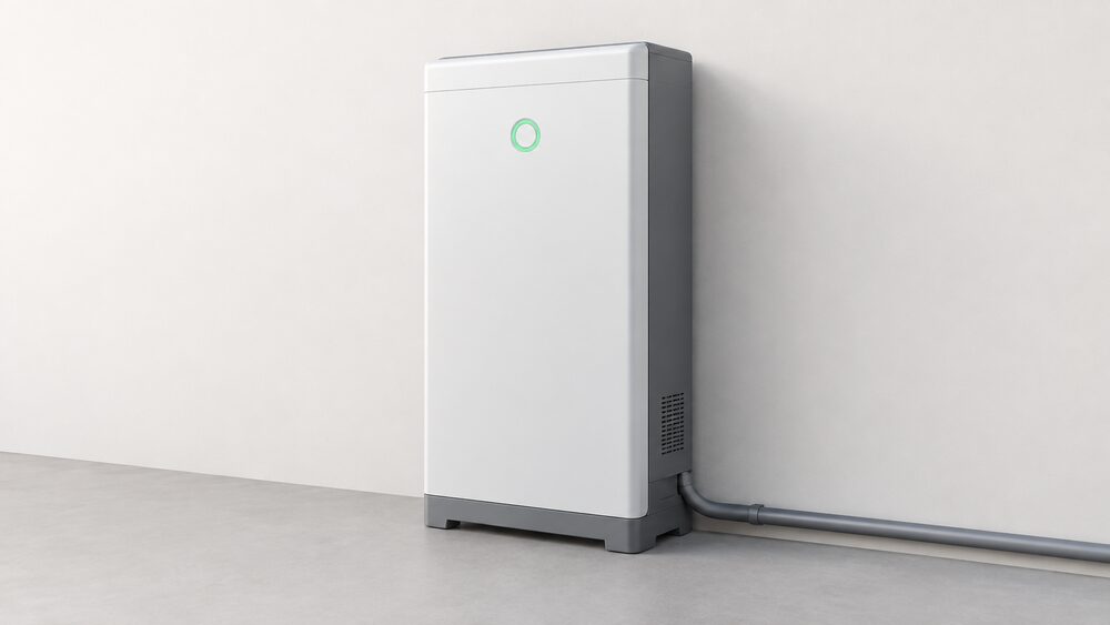 A close-up of a single tall all-in-one home battery enclosure, one compact cabinet holding battery and inverter together, standing against a plain wall with a single neat conduit of connections leaving its base and nothing else in the frame.