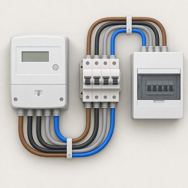 A close-up of a domestic electricity meter on a wall with eight reasonably thick cables entering and leaving it, four running onward to a consumer unit, and a multi-pole linked circuit breaker mounted in the enclosure beside the meter.