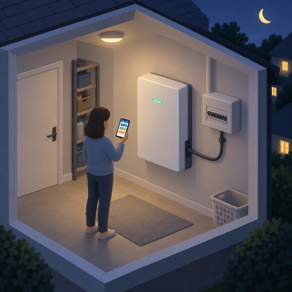 A cutaway indoor scene at night showing an all-in-one home battery unit mounted on a utility room wall, connected by a cable to the household consumer unit, with a small indicator glow showing it charging from the grid and a smartphone beside it displaying a plain charging schedule as colour bands.