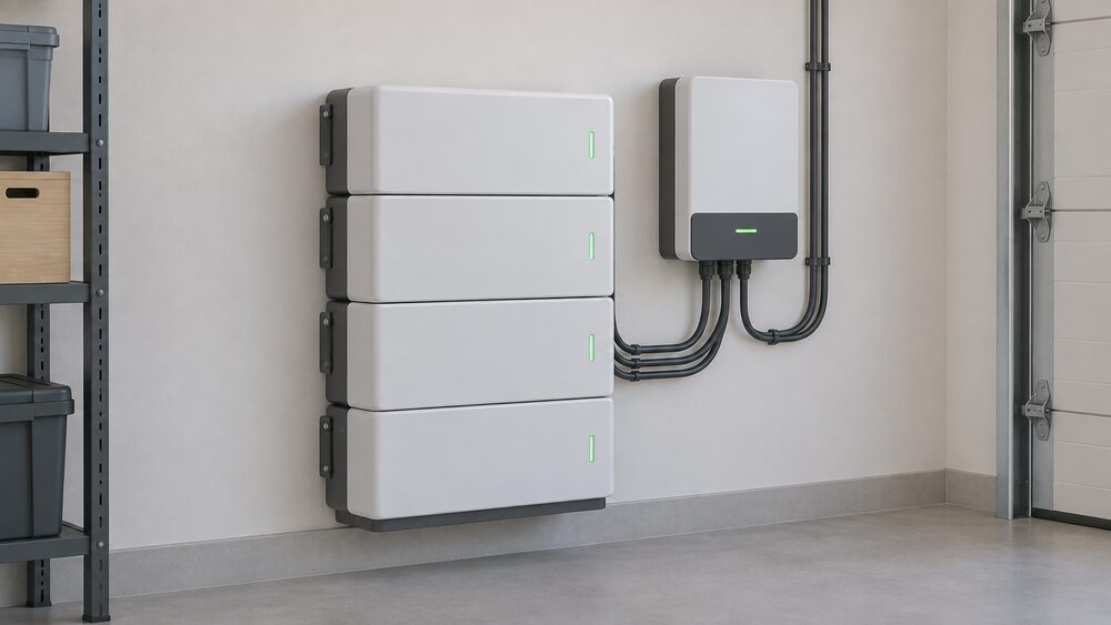 A close-up of a wall-mounted home battery system made of stacked rectangular battery modules bolted to a plain wall in a garage or utility space, with its connecting cables running neatly to a small control unit beside it.
