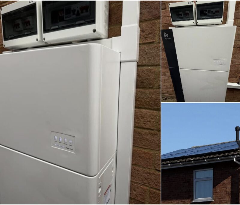 A collage of photos showing an AlphaESS home battery unit installed on a brick house wall alongside a consumer unit, plus rooftop solar panels