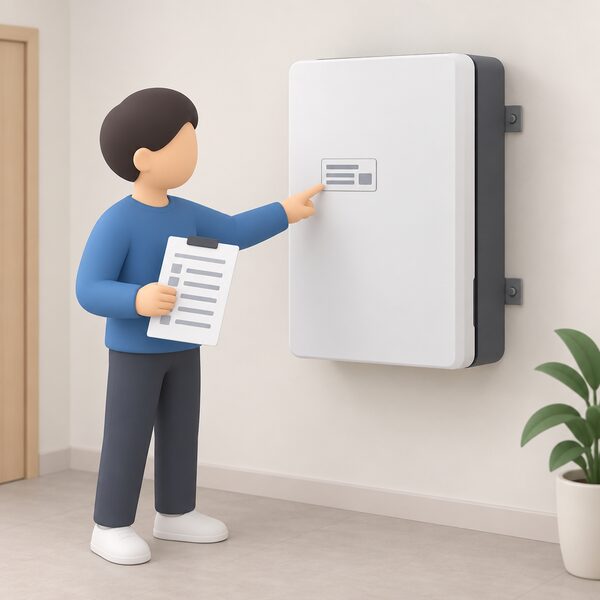 A wall-mounted home battery unit indoors with a serial number label on its casing, a simplified figure pointing at the label while holding a handover record sheet, showing the unit being identified at handover.
