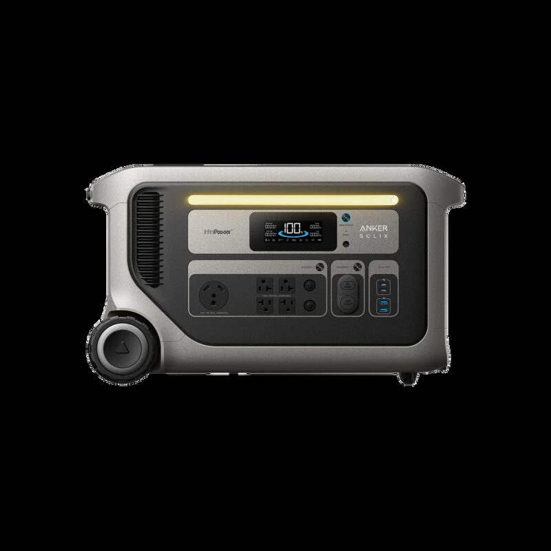 An Anker SOLIX F3000 portable power station with wheels, display and multiple outlets on a white background