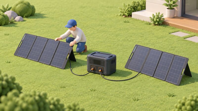 A small isometric figure on a lawn unfolds two folding solar panels, each connected by its own cable to one of the two separate solar inputs on the portable power station beside them, in sunlight.