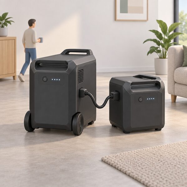 A large wheeled portable power station standing on a floor indoors with one matching expansion battery unit beside it, linked by a short cable between the two, both plain dark boxes with simple handles and indicator lights.