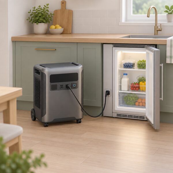 A single portable power station standing on a kitchen floor beside an under-counter fridge, with a power lead running from the station's outlet to the fridge's plug, showing the battery powering the fridge during an outage.