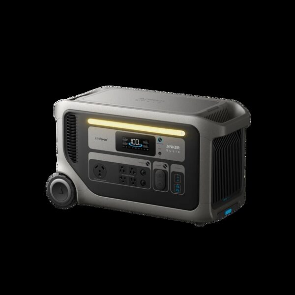 An Anker SOLIX F3000 portable power station with wheels, display and US-style sockets on a white background