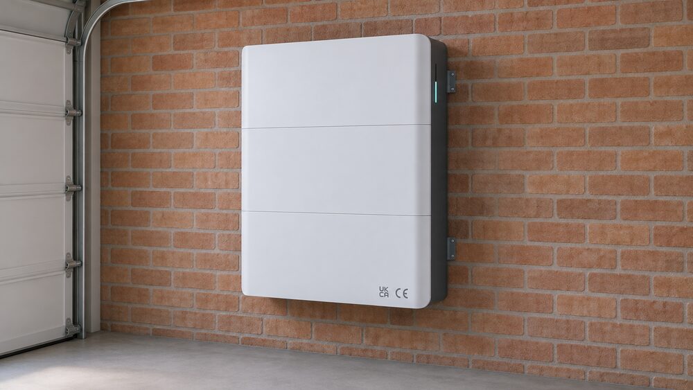 A large wall-mounted lithium-ion home battery unit in a garage, shown close up with its UKCA/CE-marked casing intact, mounted on a brick wall with clear space around it and no other equipment in view.
