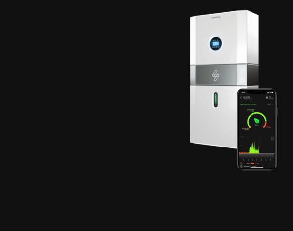 A myenergi libbi home battery unit shown against a black background next to a smartphone displaying its energy monitoring app