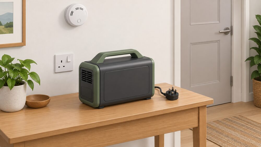 A large portable lithium-ion battery pack with a mains plug lying unplugged on a domestic tabletop beside a wall socket, with a smoke alarm mounted on the wall above and a closed door visible in the background.