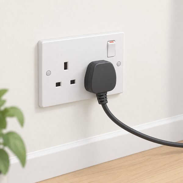 A close-up of a domestic wall socket with the standard plug on a plug-in solar device's lead pushed fully in, the connection point the specification governs, drawn as a simple interior wall detail with the lead running away toward the device.