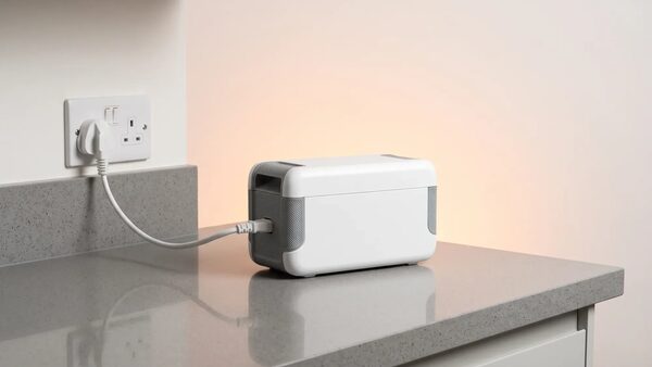 A white plug-in home battery on a kitchen worktop, charging from a UK wall socket