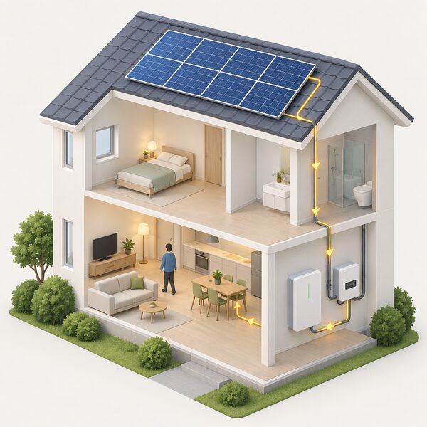 A cutaway view of a home with a wall-mounted battery unit and solar inverter installed together indoors, connected by cabling to solar panels on the roof above, showing stored solar electricity flowing into the house.