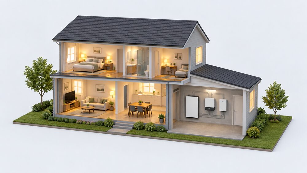 A cutaway house at dusk-free daytime showing a wall-mounted home battery and a hybrid inverter beside it in the garage, with a separate backup interface unit next to them, all connected by conduit, while the house's lights stay on during a grid outage.