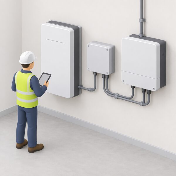 An indoor utility wall with a wall-mounted home battery unit beside a separate backup interface box, both connected by conduit to a home hub inverter, with a simplified installer figure checking the connections.
