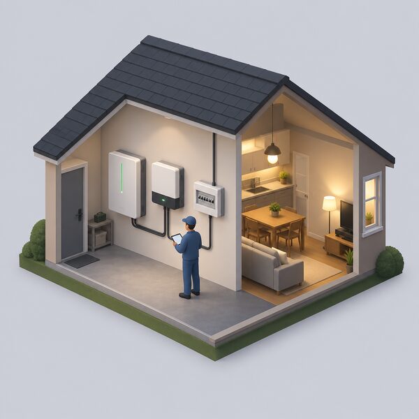An indoor utility wall with a hybrid inverter mounted beside a battery on the same wall, wired to the household consumer unit, with a small isometric figure checking the installation while the home's lights stay on during a blackout.