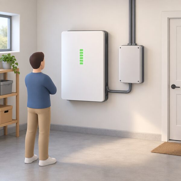 A wall-mounted home battery indoors shown at full charge, held in reserve and not cycling, standing ready beside its backup interface to supply the house during a grid outage.