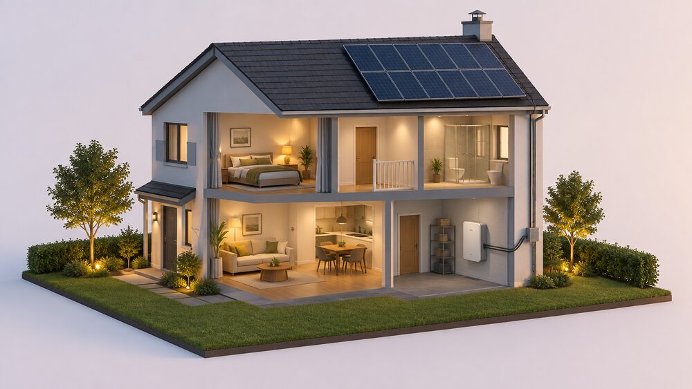 A cutaway house at dusk with a wall-mounted home battery in the garage or utility space, a cable from the battery running to the incoming grid connection on the outside wall, and solar panels on the roof, showing the grid connection still in place.