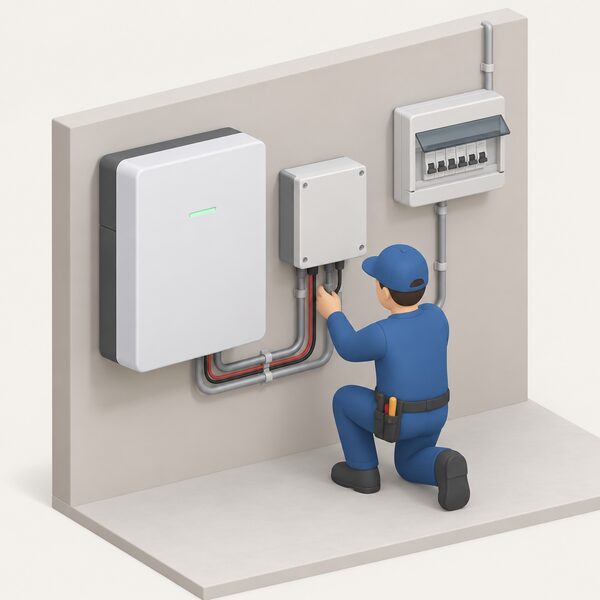 A wall-mounted home battery with a separate backup changeover interface box fitted beside it, connected by conduit to the battery and to the household consumer unit, with a simplified isometric installer figure checking the wiring during fitting.
