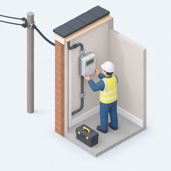 A wall-mounted smart electricity meter near the household's incoming supply, with a small isometric installer figure finishing the fitting, and a cable running from the meter towards the grid supply so the meter sits where it can measure exported electricity.