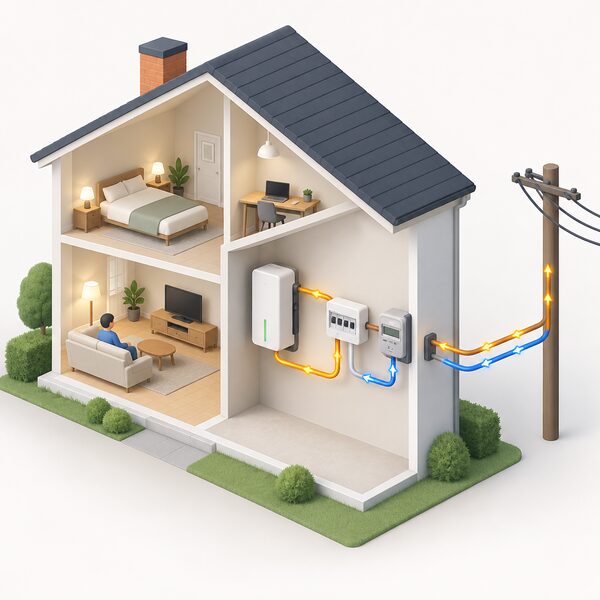 A cutaway view of a house with a wall-mounted battery inside connected to the consumer unit and a smart meter, with a supply cable running to the outside grid showing power flowing from the battery toward the grid and only a thin flow of electricity being drawn from the grid into the home.