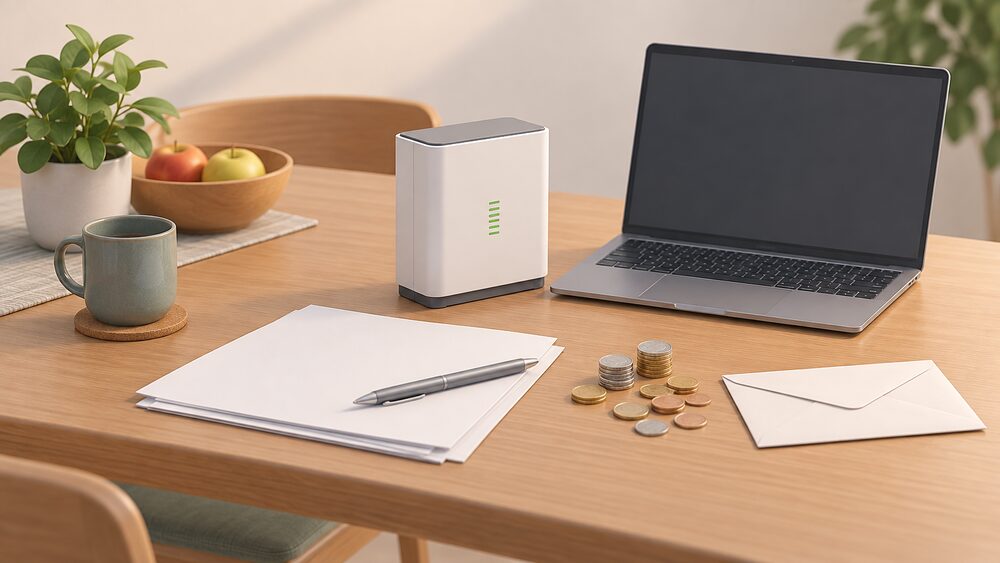 A small model of a domestic home battery standing on a kitchen table beside blank paperwork, a scatter of coins, a plain envelope and a laptop with a blank screen, suggesting a household enrolling its battery in a flexibility scheme.