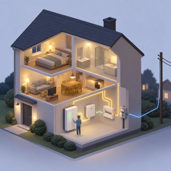 A cutaway evening scene of a house with a wall-mounted home battery discharging to power the home's circuits while the grid connection cable into the meter carries only a thin, reduced flow, shown by a small isometric figure checking the battery.