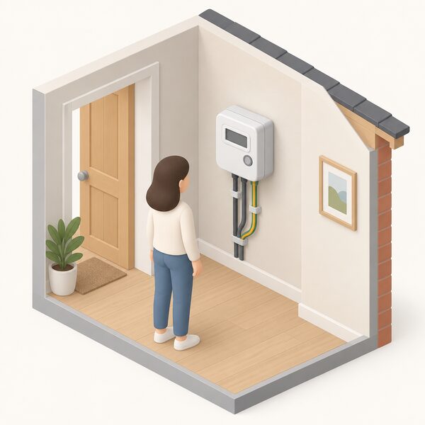 A smart meter mounted on an inside wall of a home, shown in a simple cutaway interior with its metering unit and connected cabling visible, representing the device through which event notifications and measurements reach the household.