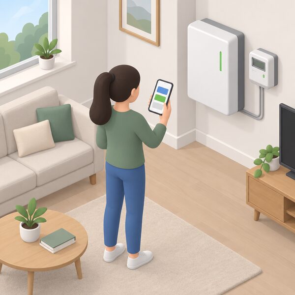 A simplified isometric figure stands in a home living room holding a smartphone whose screen shows a plain flexibility app interface with blank colour bands, with a wall-mounted home battery and smart meter visible nearby to show joining an aggregator scheme by app.