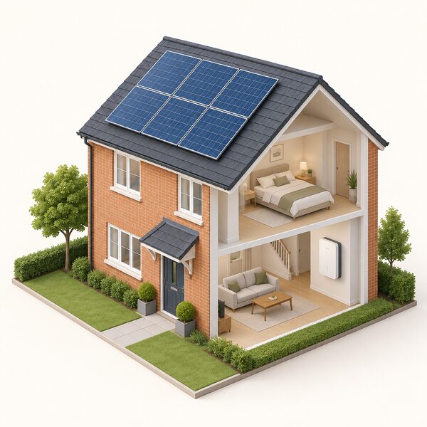 A detached UK house with solar panels on its pitched roof and a wall-mounted battery installed inside the home, shown in a cutaway view so both the roof panels and the indoor battery unit are visible together.