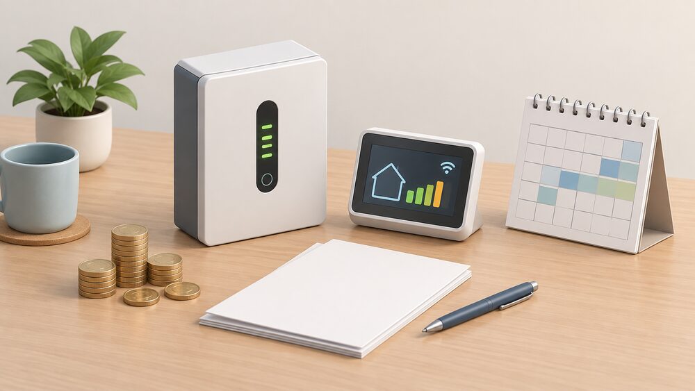 A small model of a wall-mounted home battery standing on a table beside blank paperwork, a smart meter display unit, a stack of coins and a calendar, suggesting a household arranging a time-of-use tariff for scheduled battery charging.