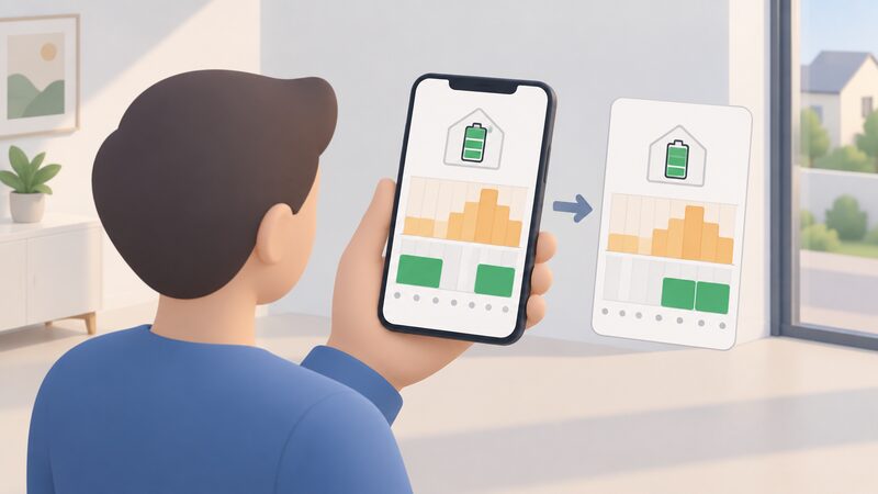 A simplified figure holds a smartphone whose screen shows a home battery charge schedule as plain coloured blocks set against a time-of-use tariff shown as price bands, with a second screen beside it showing the same schedule shifted to different times.