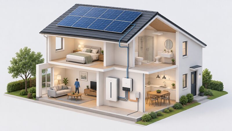 A cutaway view of a house with solar panels on the roof, and a wall-mounted home battery and inverter on an interior wall connected by cabling to the solar array and the household's electricity supply.