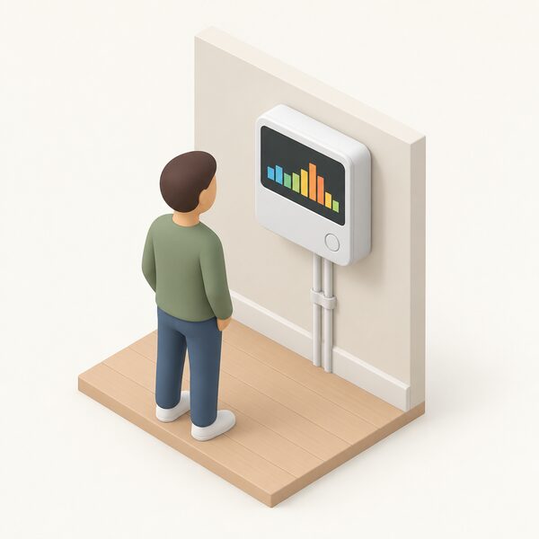 A smart meter mounted on an interior wall near the electricity consumer unit, with a small simplified figure glancing at its display screen showing plain colour bands that stand in for half-hourly electricity use across the day.