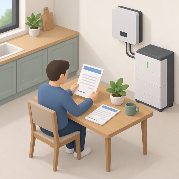 A simplified isometric homeowner stands at a kitchen table holding MCS certification papers for a battery installation, with the certificate sheet shown as a physical document with blank lines and plain colour bands, a small domestic battery unit and a solar inverter on the wall beside the table.